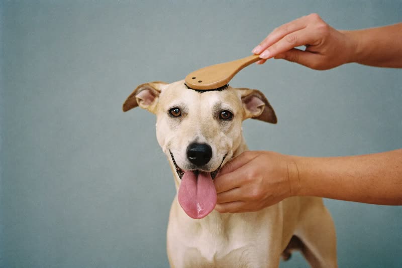 A calm dog standing still while being brushed by hand